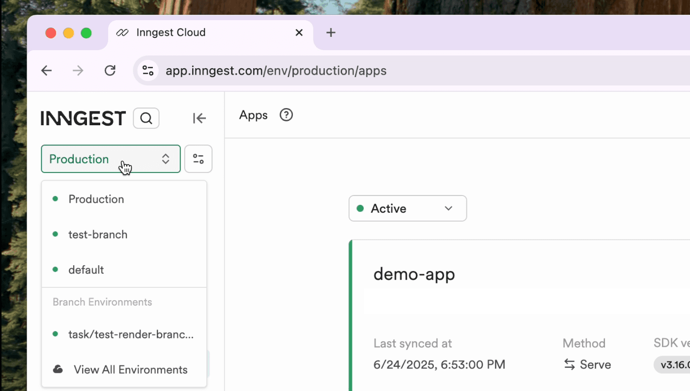The environment switcher dropdown menu in the Inngest dashboard